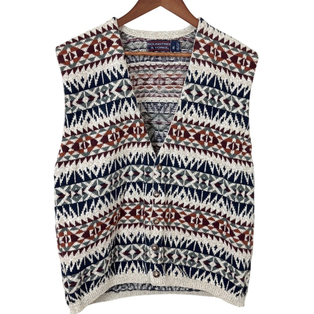 Mens Vtg Vest Geometric Colorful Pattern Grandpa Knit Sweater 80s 90s Size Large